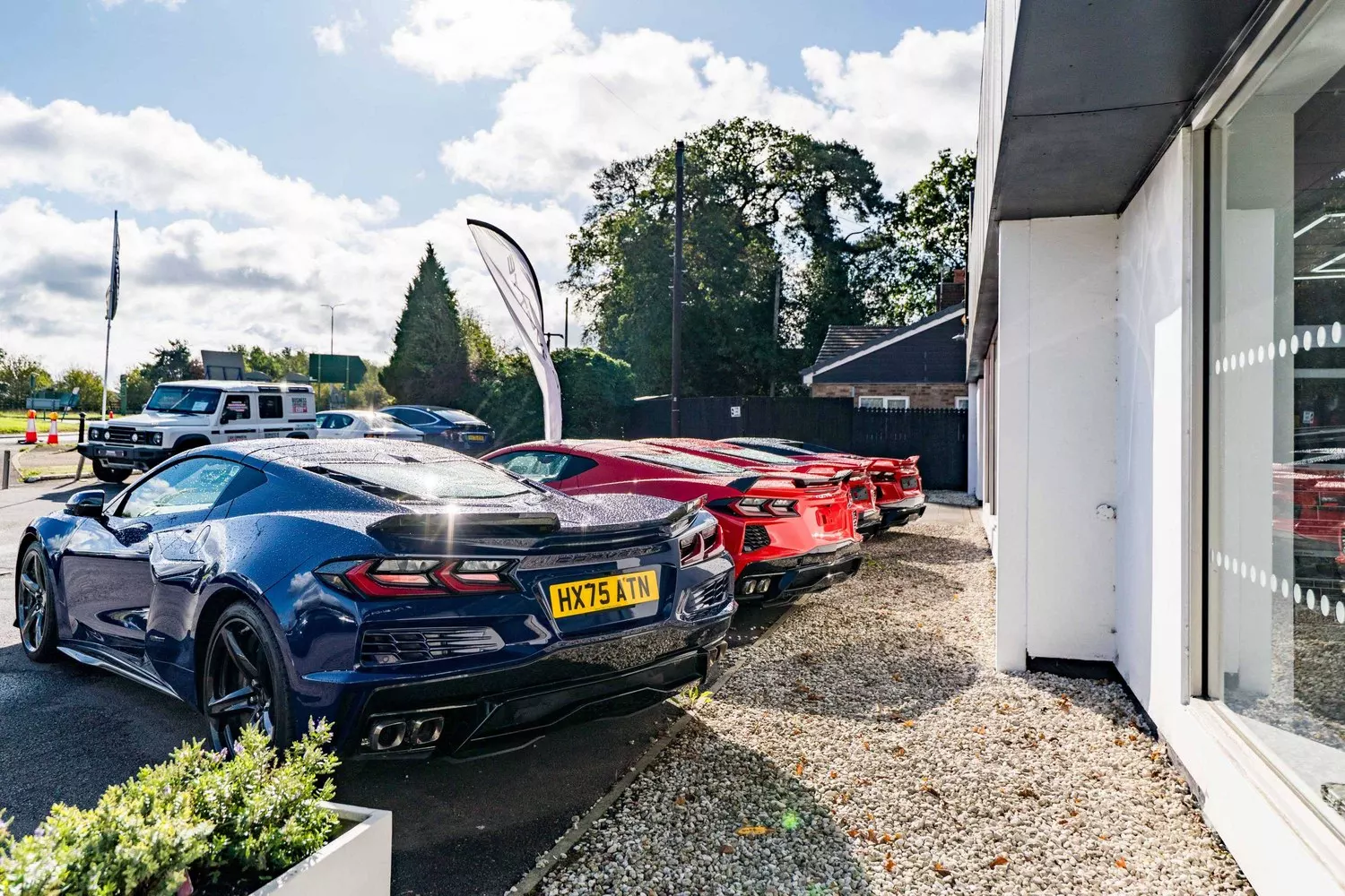 Corvette sports cars lined up outside the Birmingham showroom
