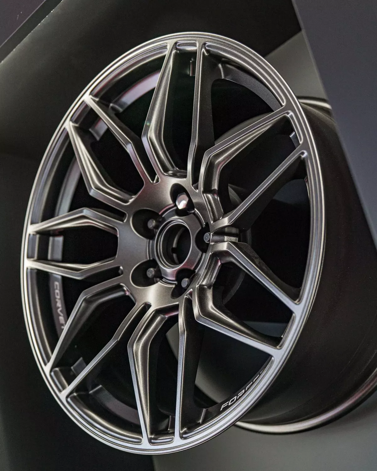 A Corvette alloy wheel on the Birmingham specification display