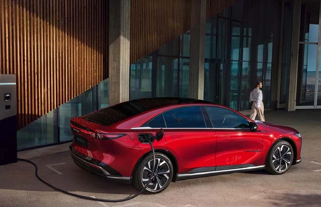 Mazda6e connected to an electric vehicle charger in official Mazda UK imagery