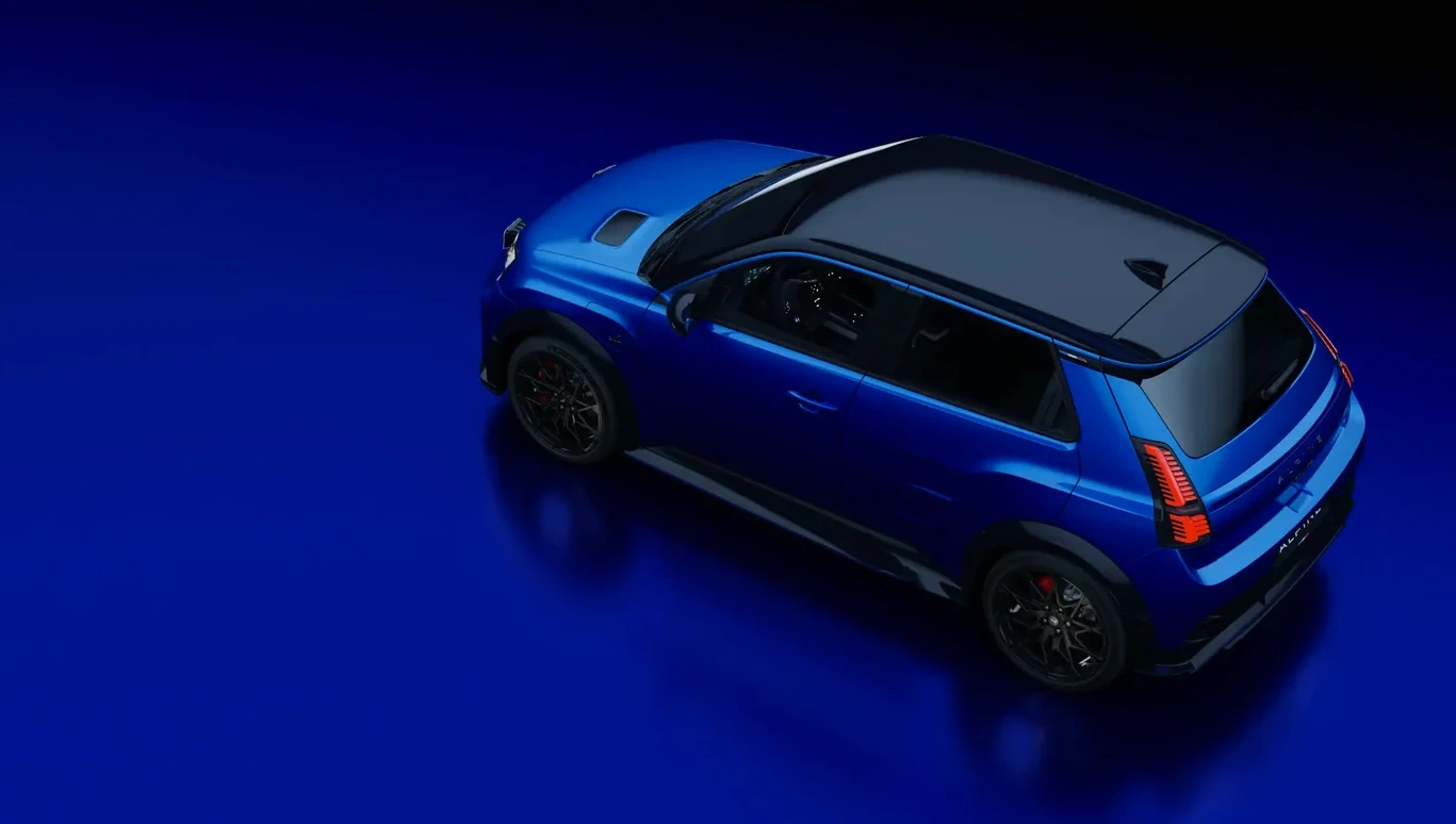 Blue Alpine A290 electric five-door hatchback viewed from above