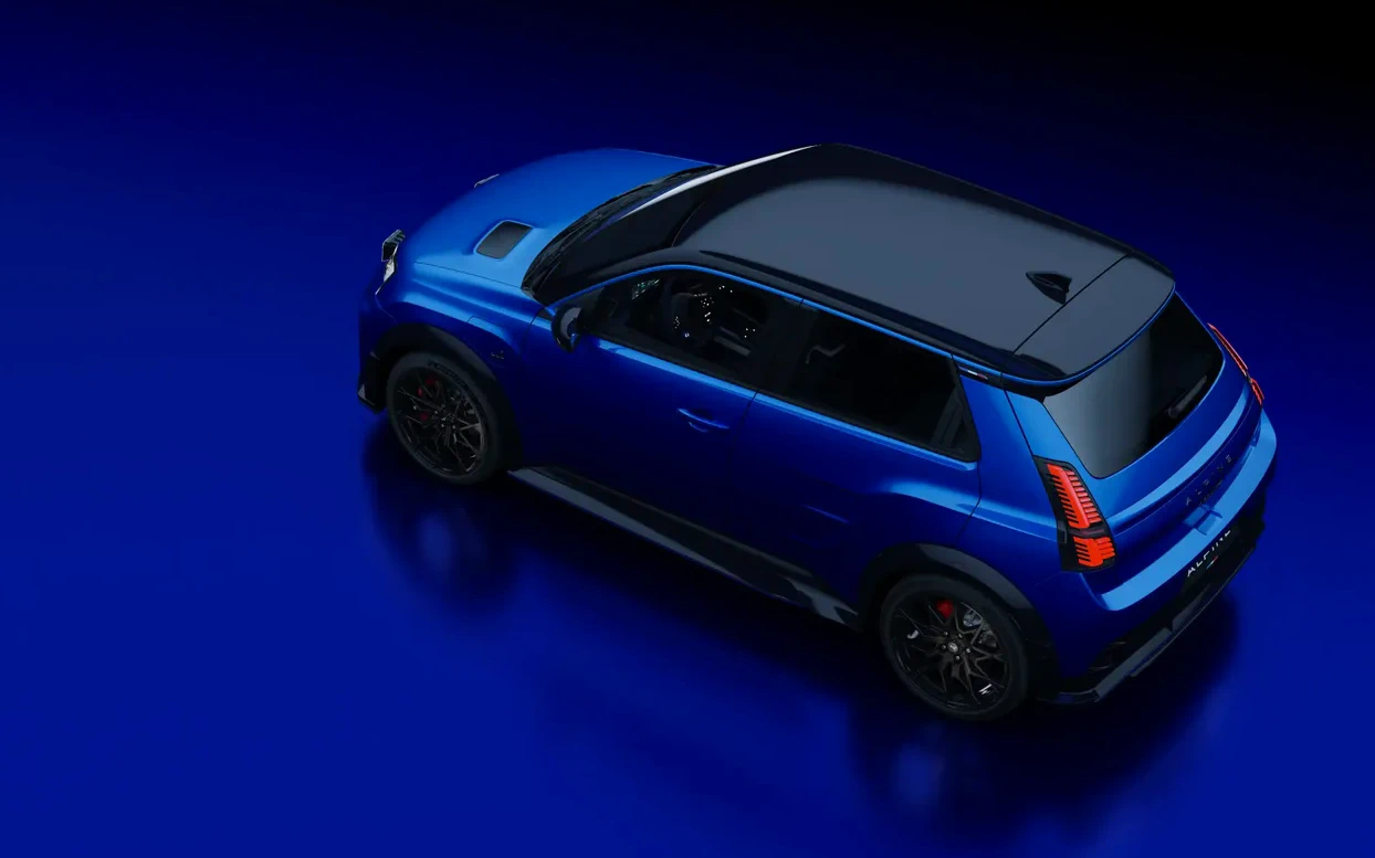 Blue Alpine A290 road car viewed from above in official UK model photography