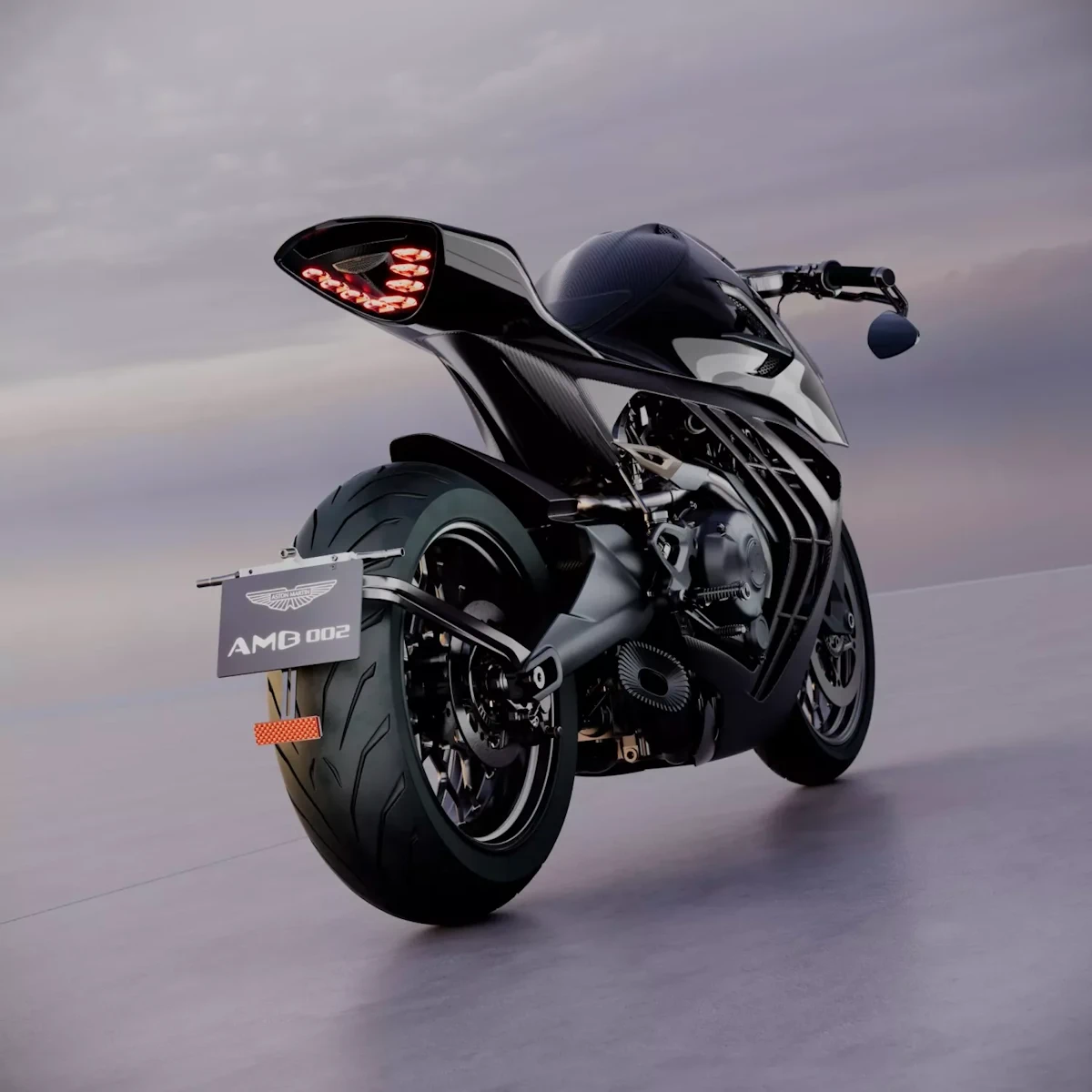Rear three-quarter view of the AMB 002 Roadster showing its lighting and exhausts