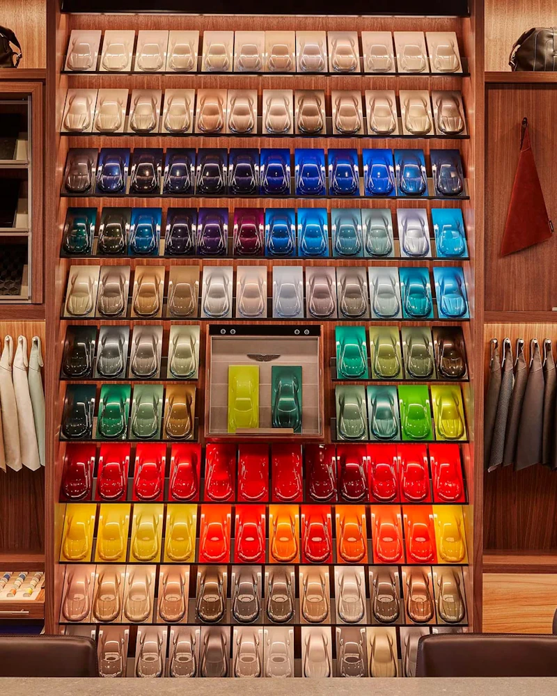 Physical paint and trim samples displayed by Q by Aston Martin