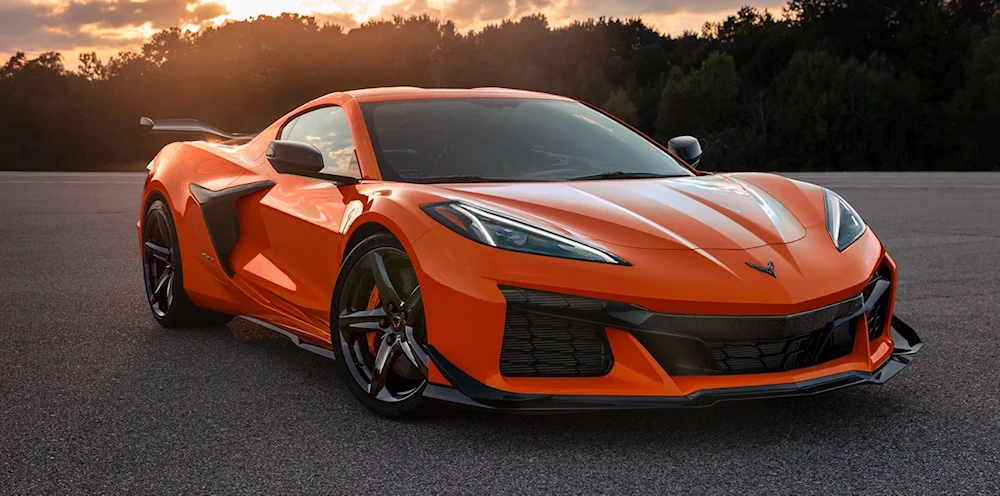 Orange Corvette Z06 in manufacturer exterior photography