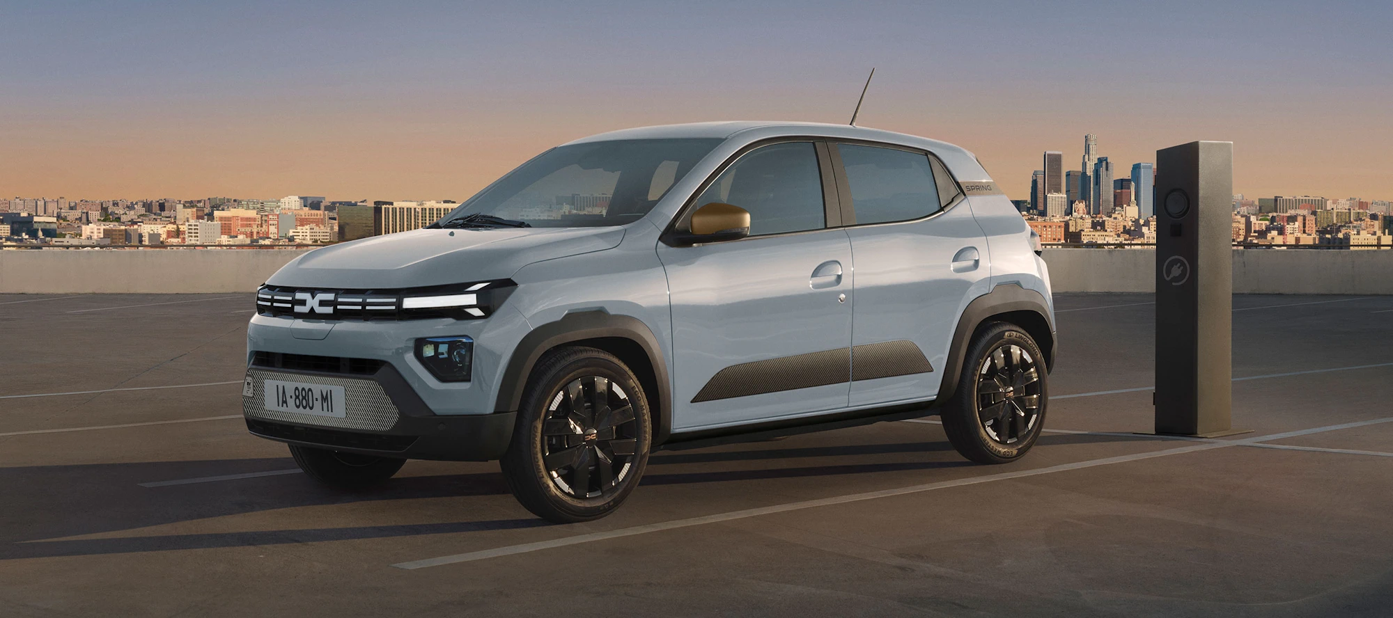 Dacia Spring electric city car in an urban setting