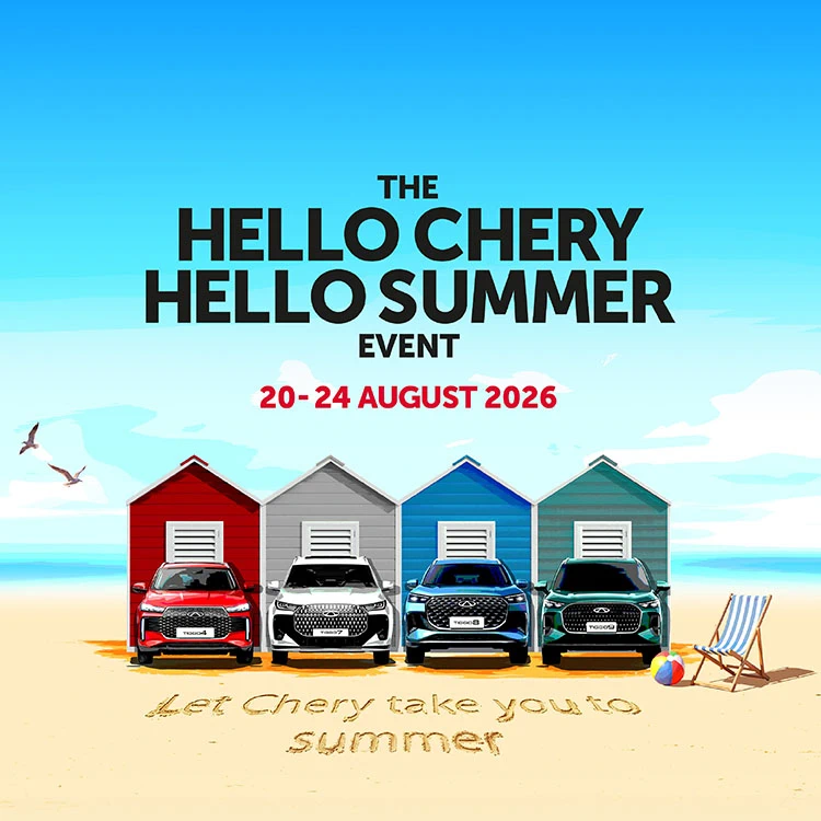 Official Hello Chery, Hello Summer Event artwork showing the Chery TIGGO range on a beach