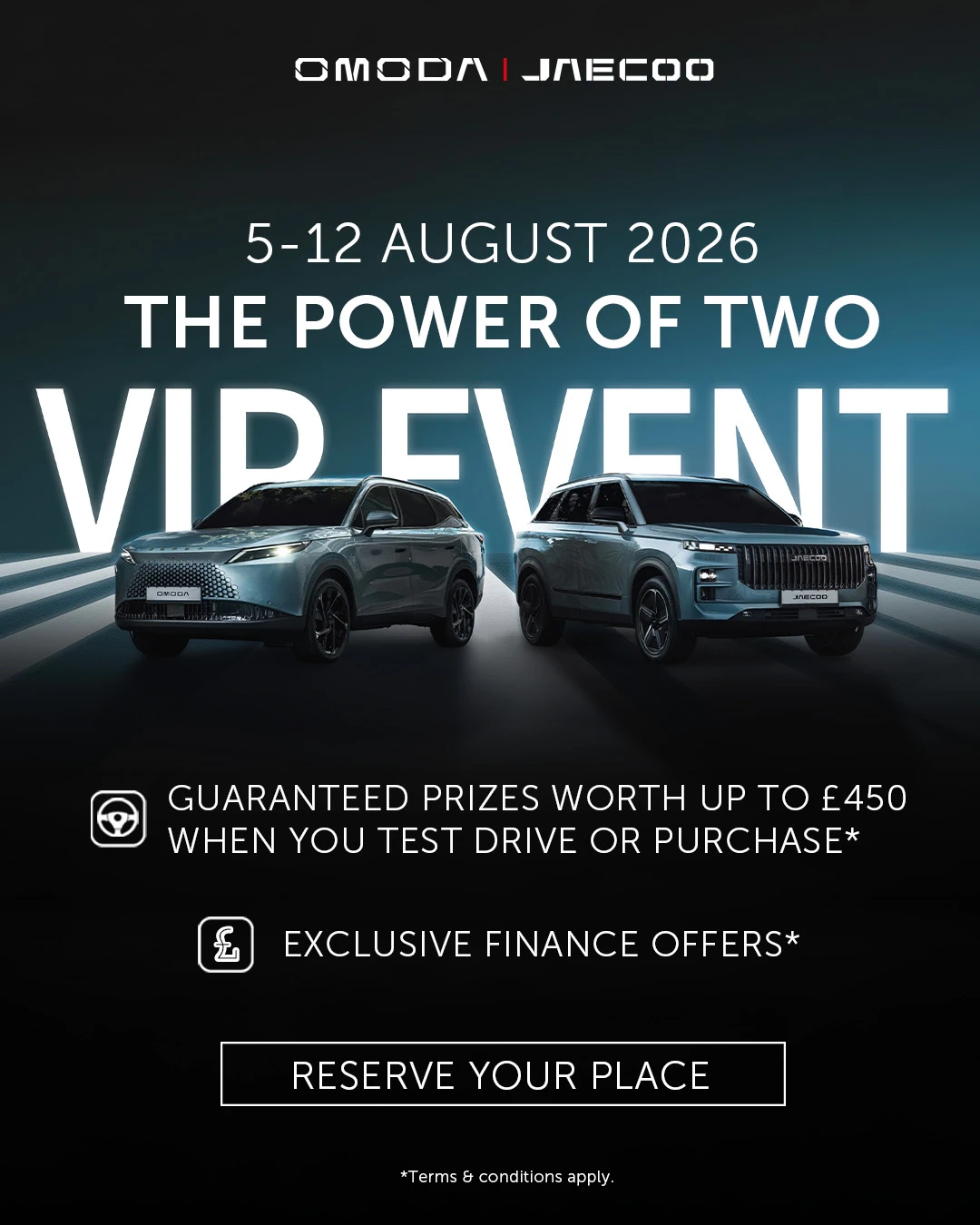 Official OMODA and JAECOO Power of Two VIP Event artwork, 5 to 12 August 2026
