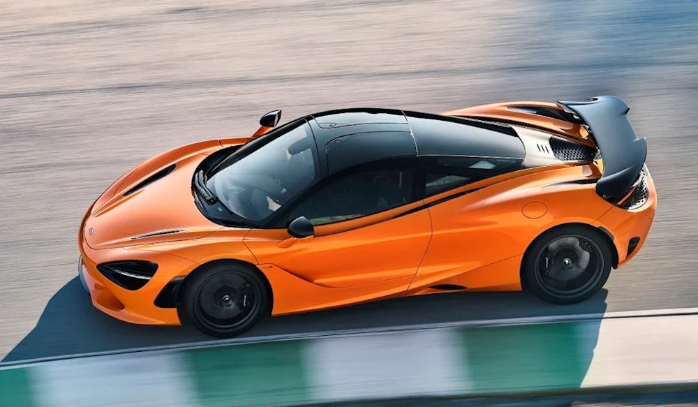Orange McLaren 750S coupe viewed from above