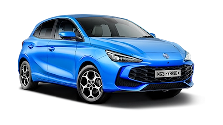 Blue MG3 Hybrid+ hatchback viewed from the front and side