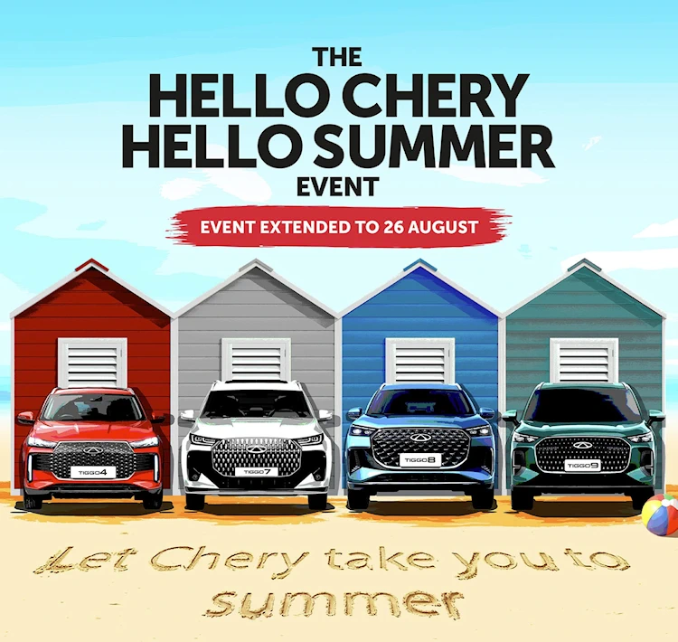 Official Hello Chery, Hello Summer Event artwork showing the Chery TIGGO range on a beach