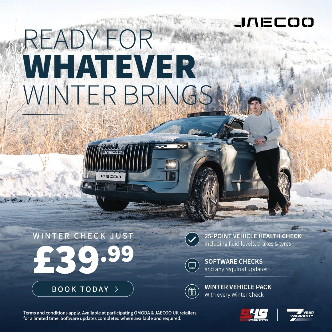 JAECOO winter-check campaign: £39.99 for a 25-point vehicle health check, software checks and a winter vehicle pack. Full offer details below.