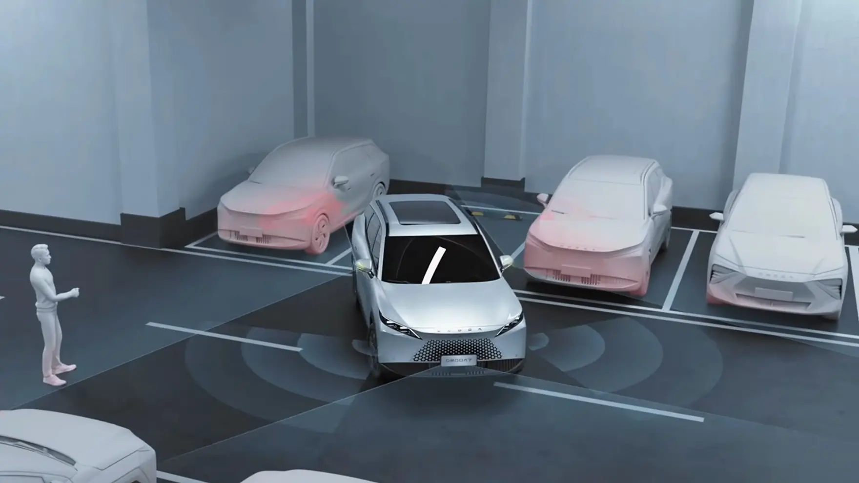 Illustration of OMODA Remote Parking Assistance operating in a parking area