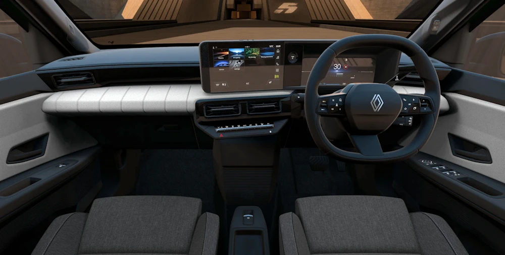 Right-hand-drive Renault 5 cabin with centre touchscreen and fabric seats