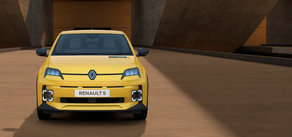 Front view of a yellow Renault 5 E-Tech electric