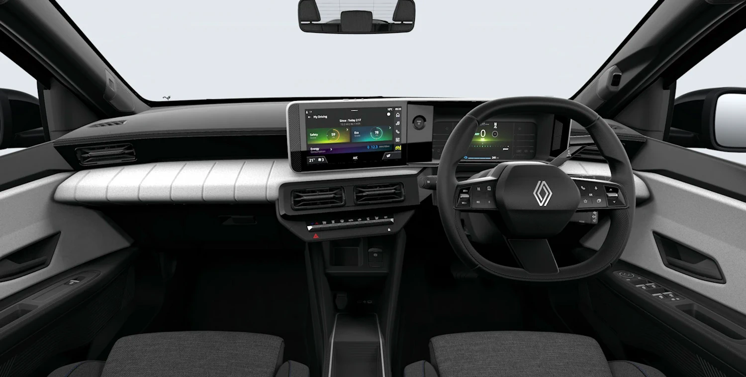 Right-hand-drive Renault 4 cabin with touchscreen and physical climate controls