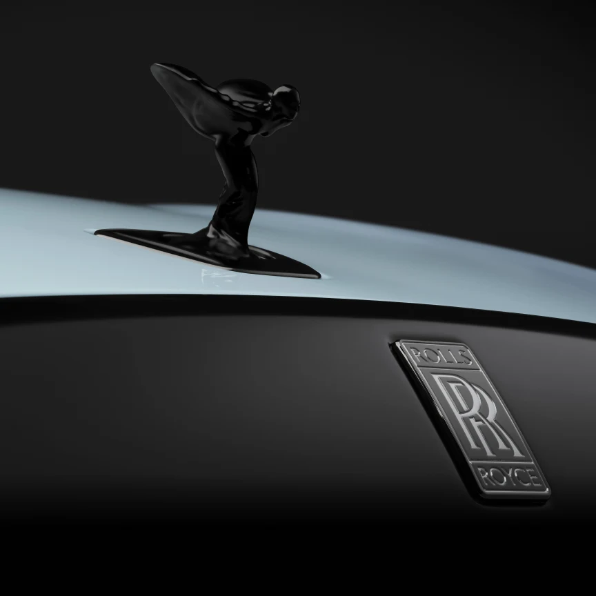 Darkened Spirit of Ecstasy and Rolls-Royce badge on Black Badge Spectre Series II