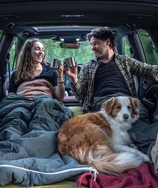 Manufacturer image of a family and dog beside the open Subaru Forester boot