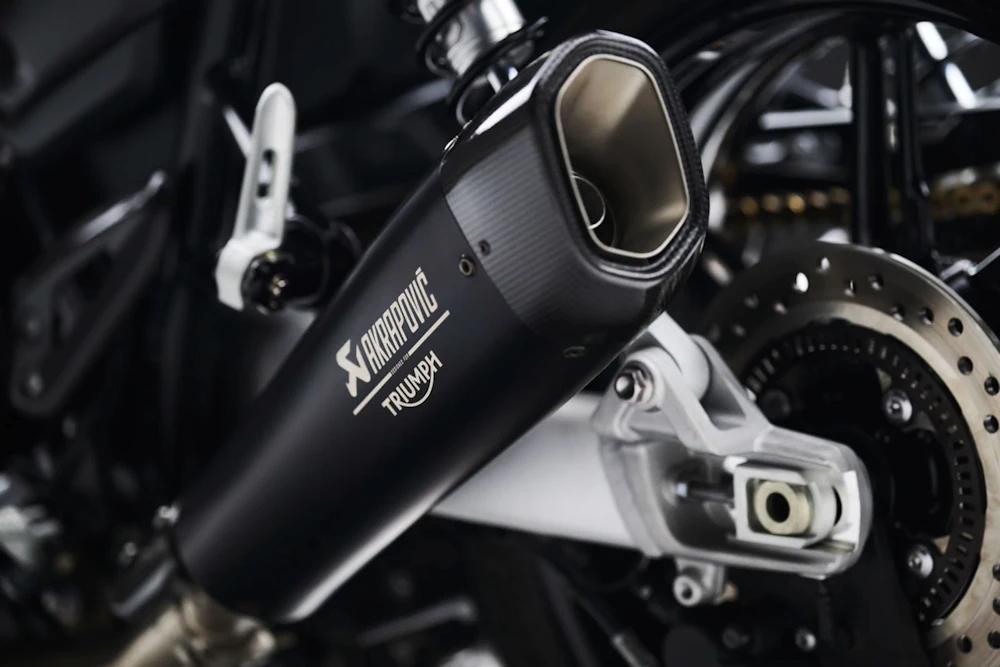 Akrapovič exhaust and rear suspension detail on Triumph Speed Twin 1200 TFC