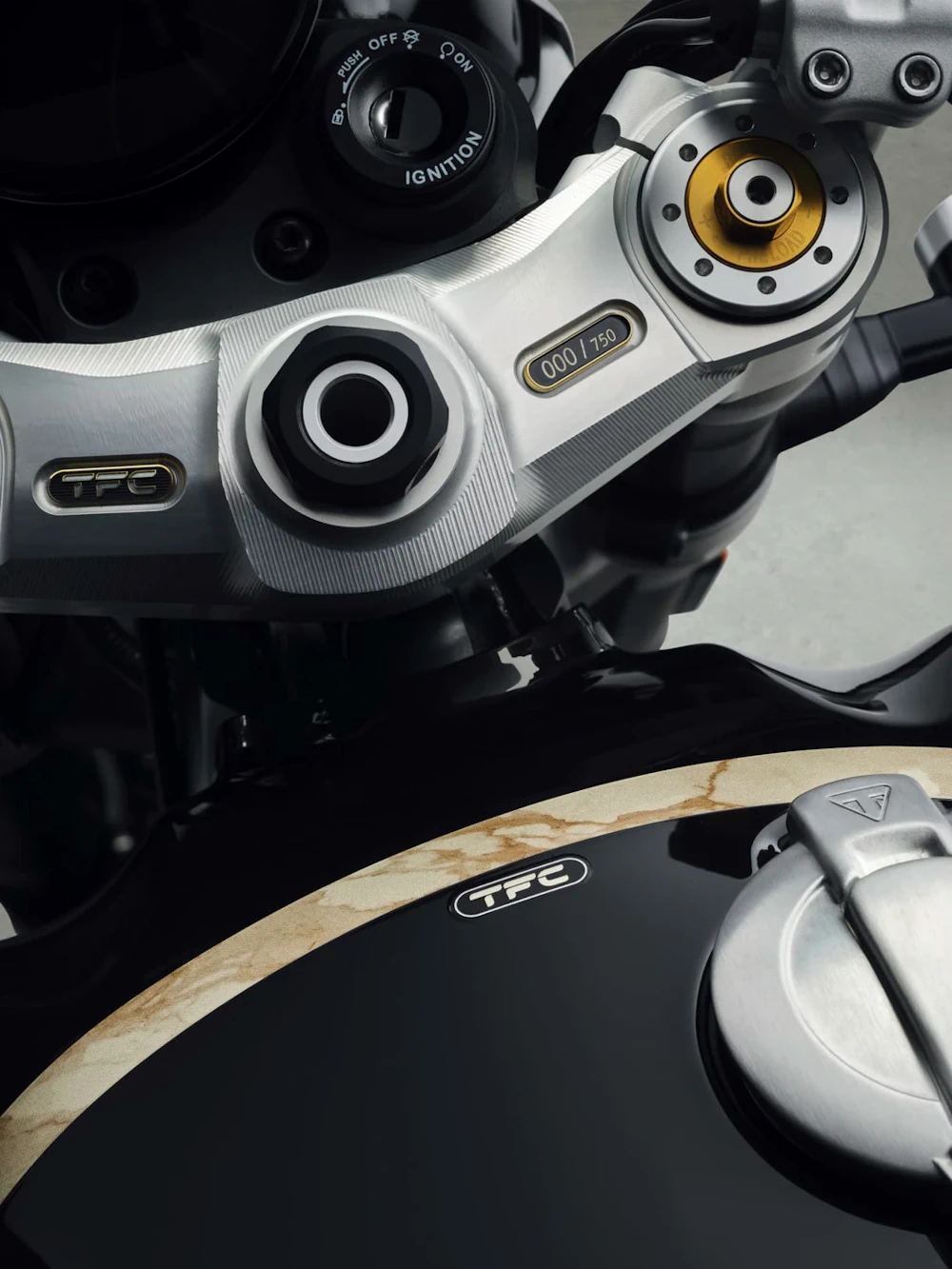 Numbered top yoke and tank detail on a Triumph Speed Twin 1200 TFC