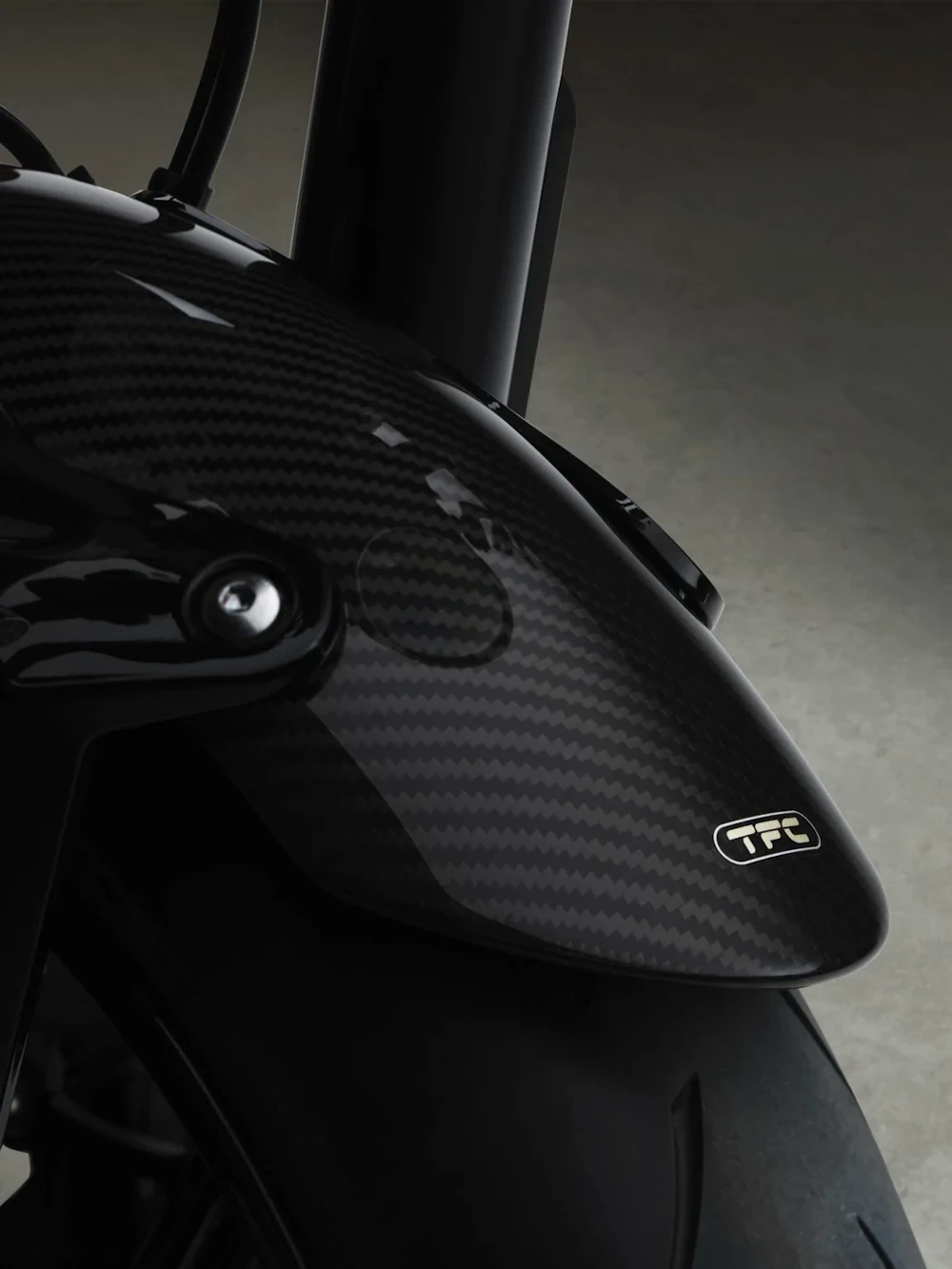 Carbon-fibre front mudguard and TFC badge on Triumph Speed Twin 1200 TFC
