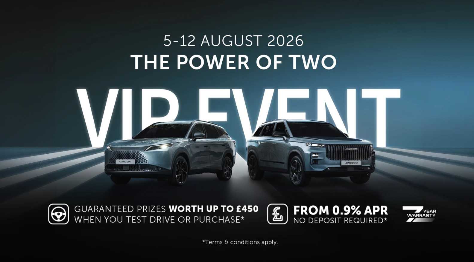 Official OMODA and JAECOO Power of Two VIP Event artwork, 5 to 12 August 2026